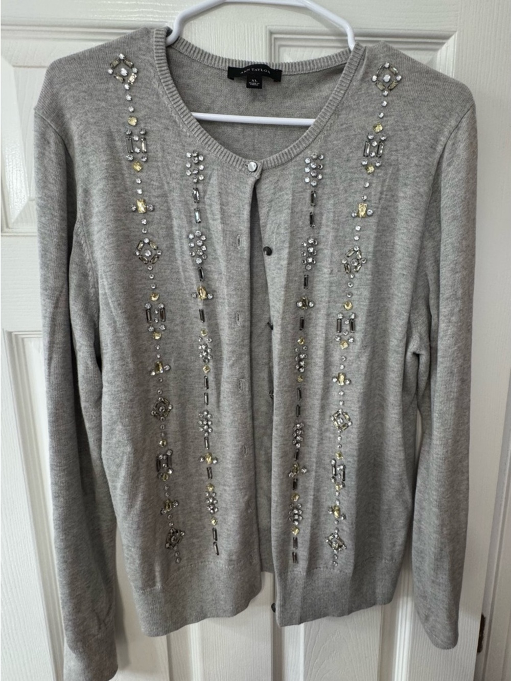 Ann Taylor Light Gray Jeweled Crewneck Cardigan